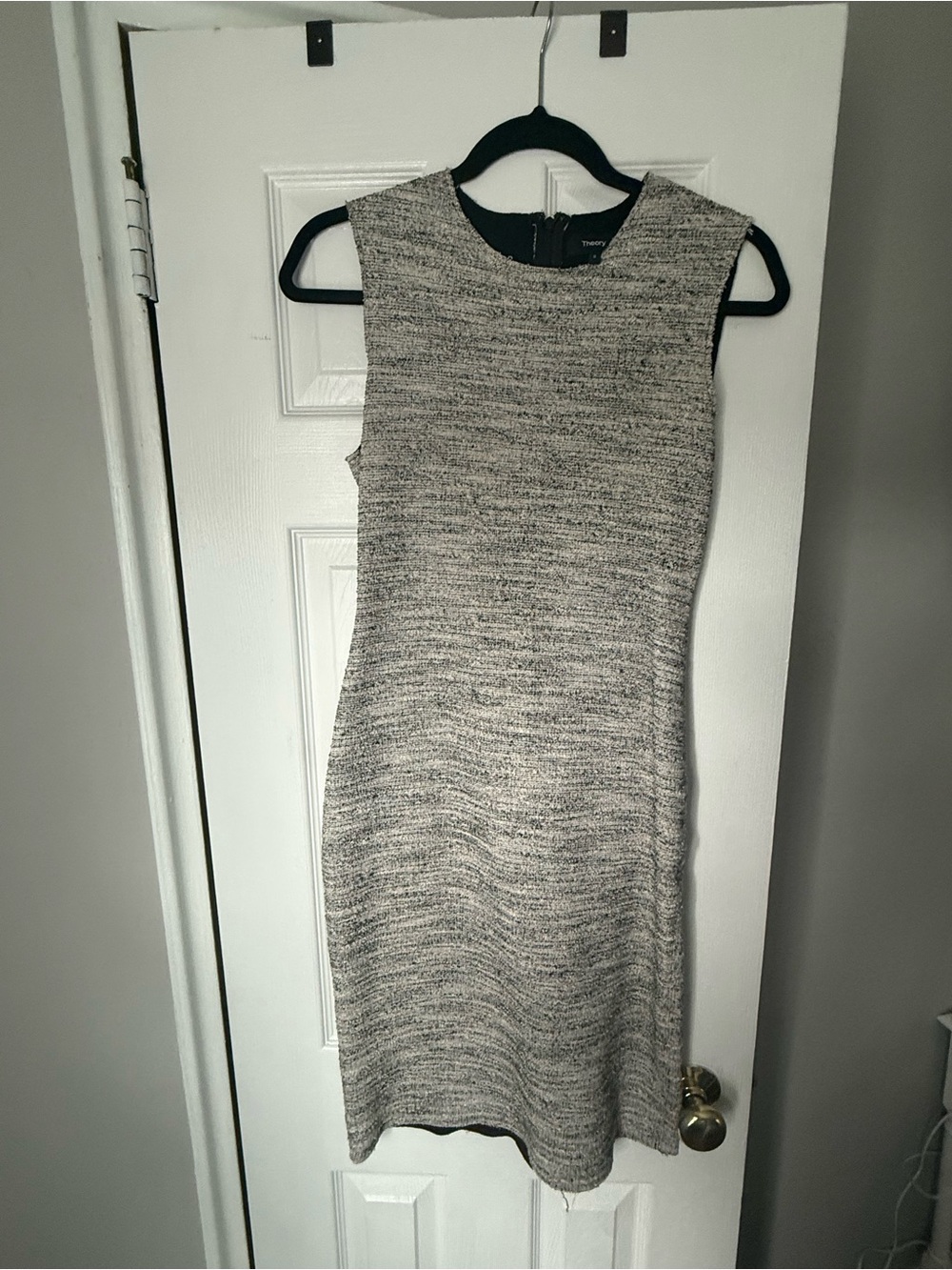 Theory Textured Sleeveless Midi Dress in Gray and Cream